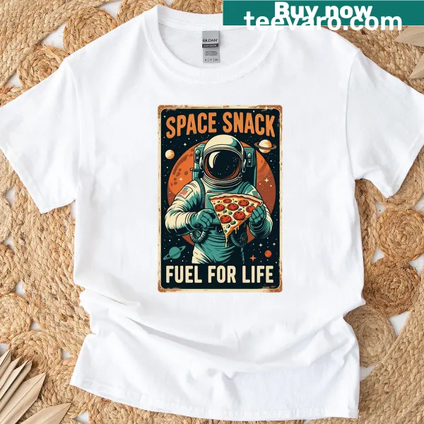 Retro-style T-shirt featuring space snacks in a whimsical design