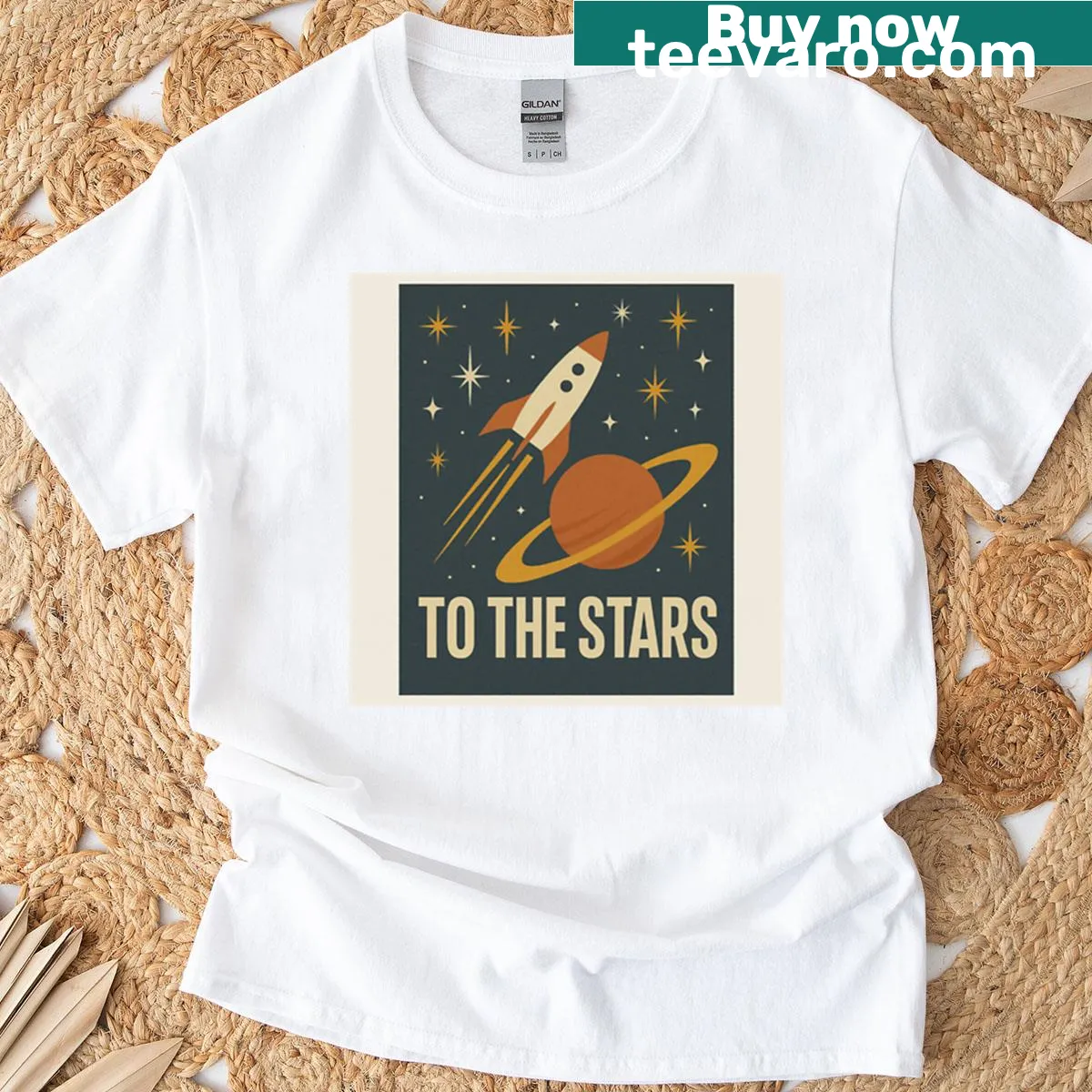 Vintage space exploration poster graphic on a t-shirt — on a men's t-shirt