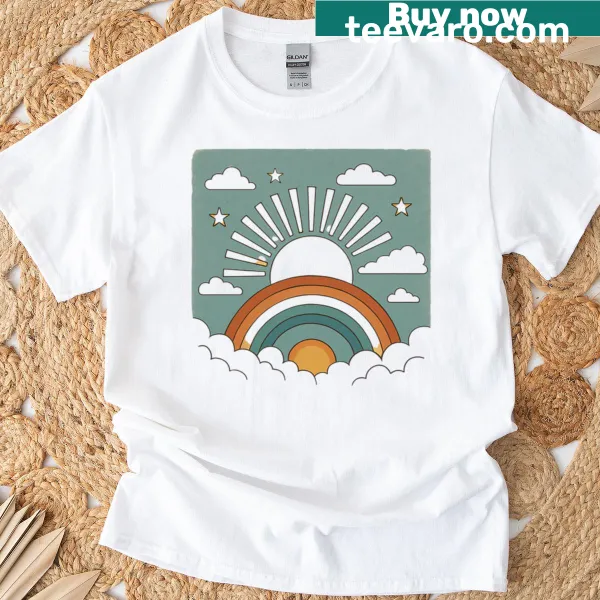 Retro rainbow and sunshine graphic on t-shirt