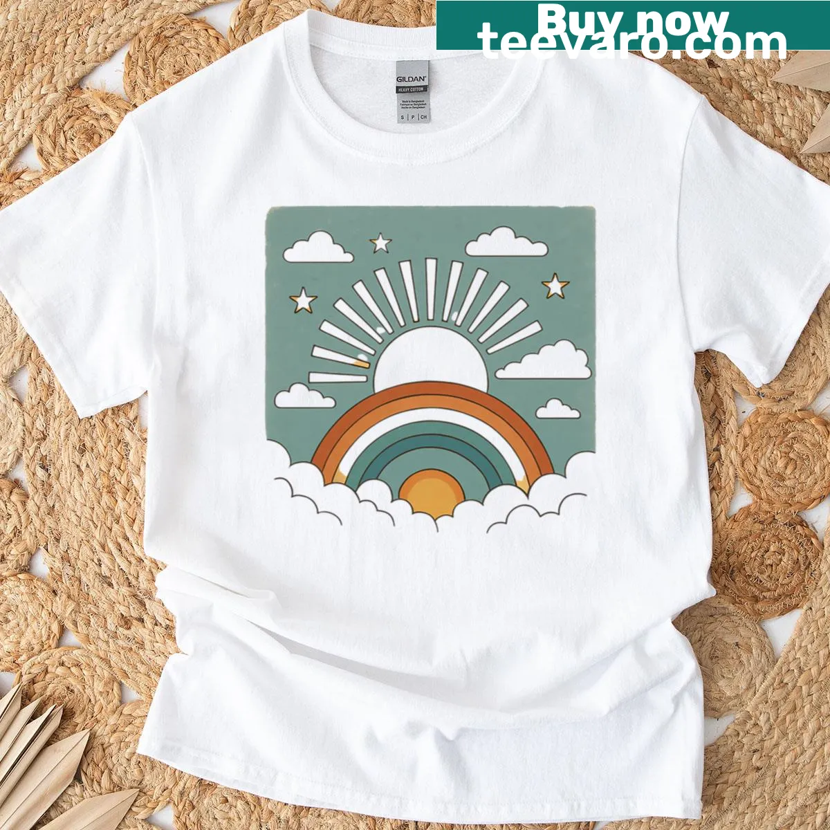 Retro rainbow and sunshine graphic on t-shirt — on a men's t-shirt