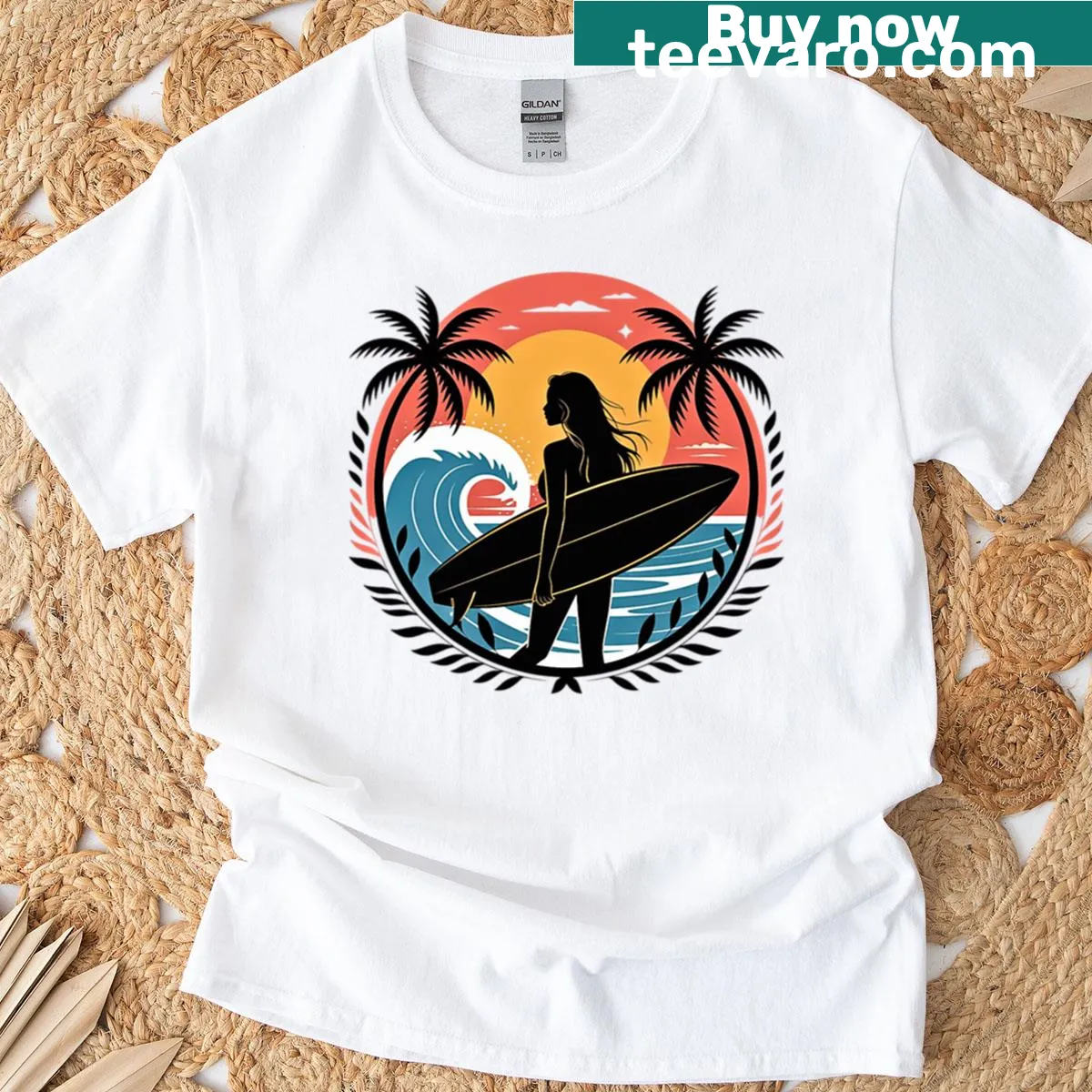 Surfer girl silhouette graphic on a retro T-shirt — on a men's t-shirt