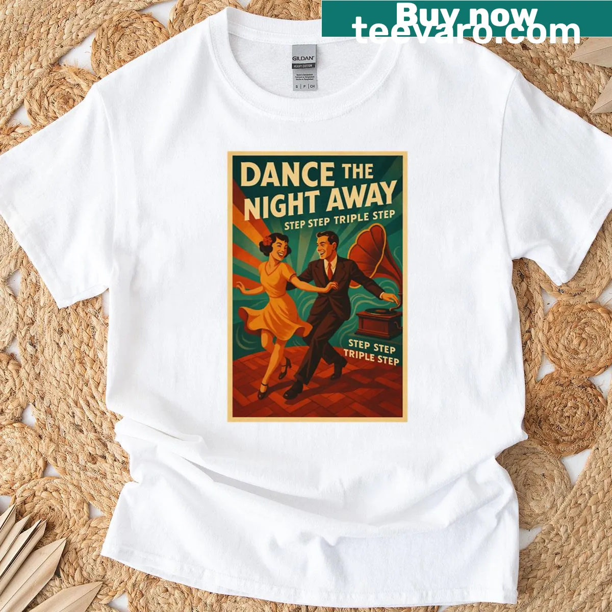 Lindy Hop dancing couple graphic on retro-style t-shirt — on a men's t-shirt