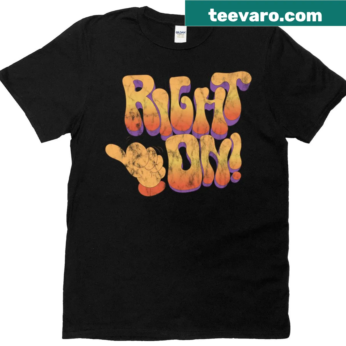 Retro t-shirt with a groovy hand sign graphic — on a men's t-shirt