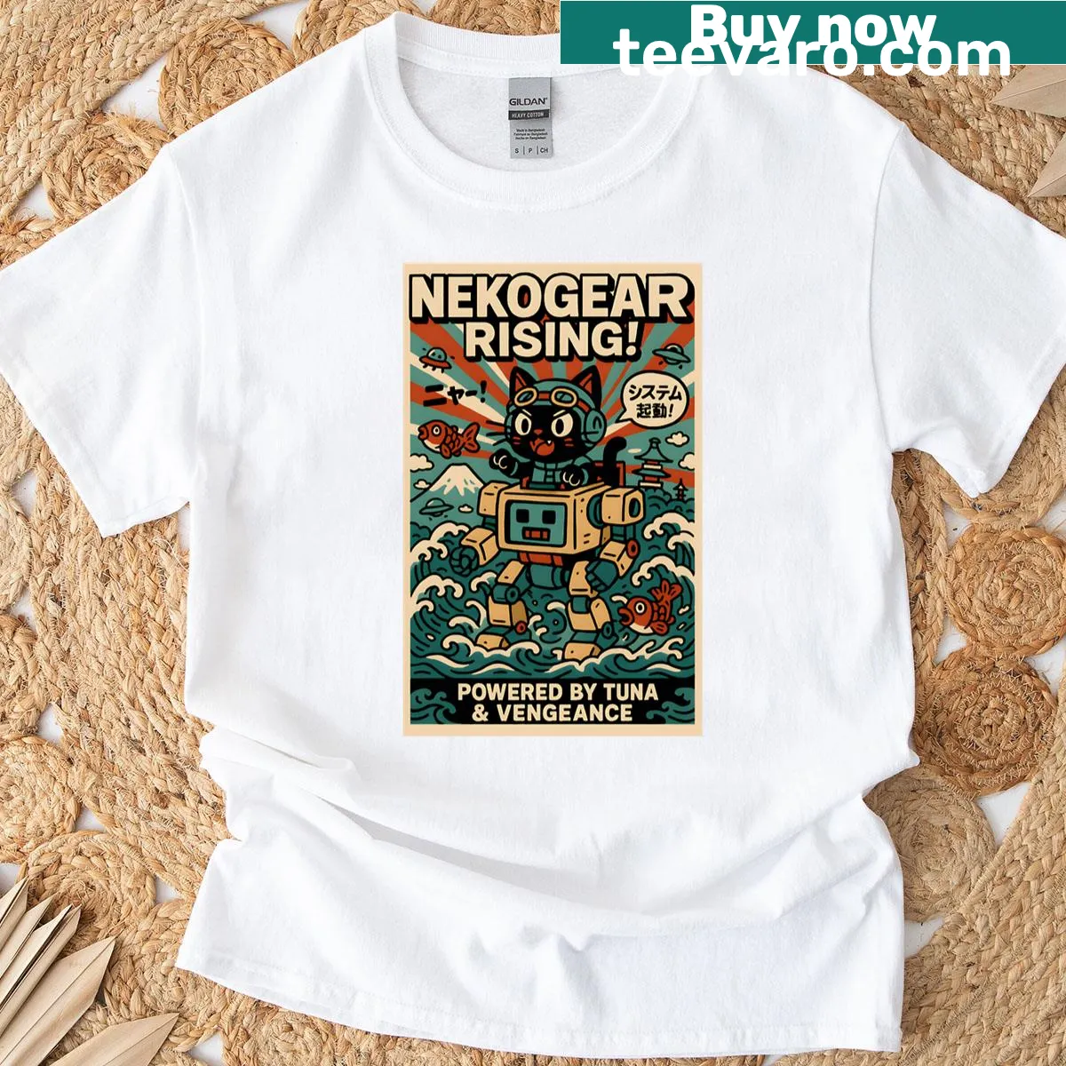 Retro mecha cat design on a casual t-shirt — on a men's t-shirt