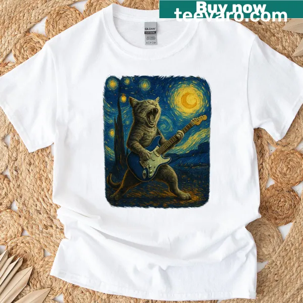 T-shirt featuring a cat playing guitar under a starry night illustration