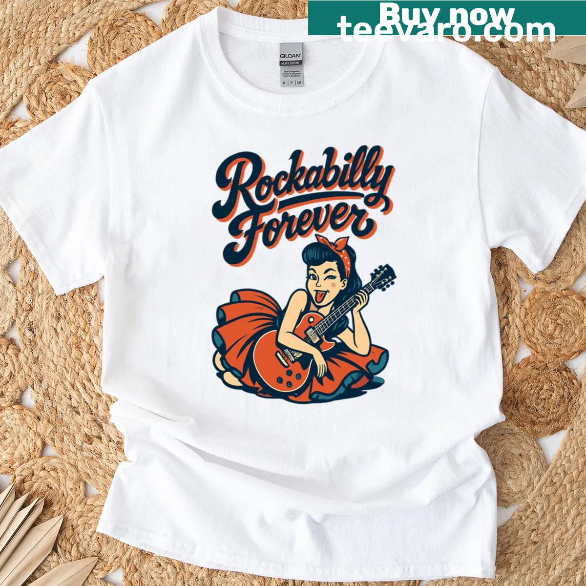 Rockabilly T-shirt featuring a woman with an electric guitar in a nostalgic design — on a men's t-shirt