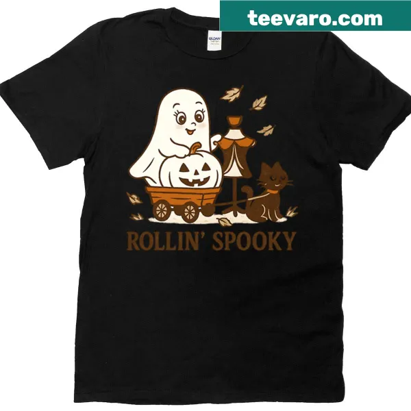 Playful ghost with pumpkin and black cat on a Halloween t-shirt