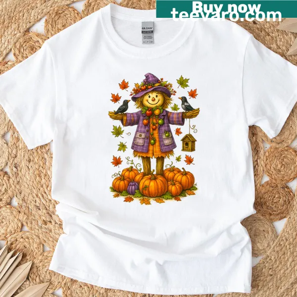 Autumn T-shirt featuring a scarecrow and pumpkins for Thanksgiving