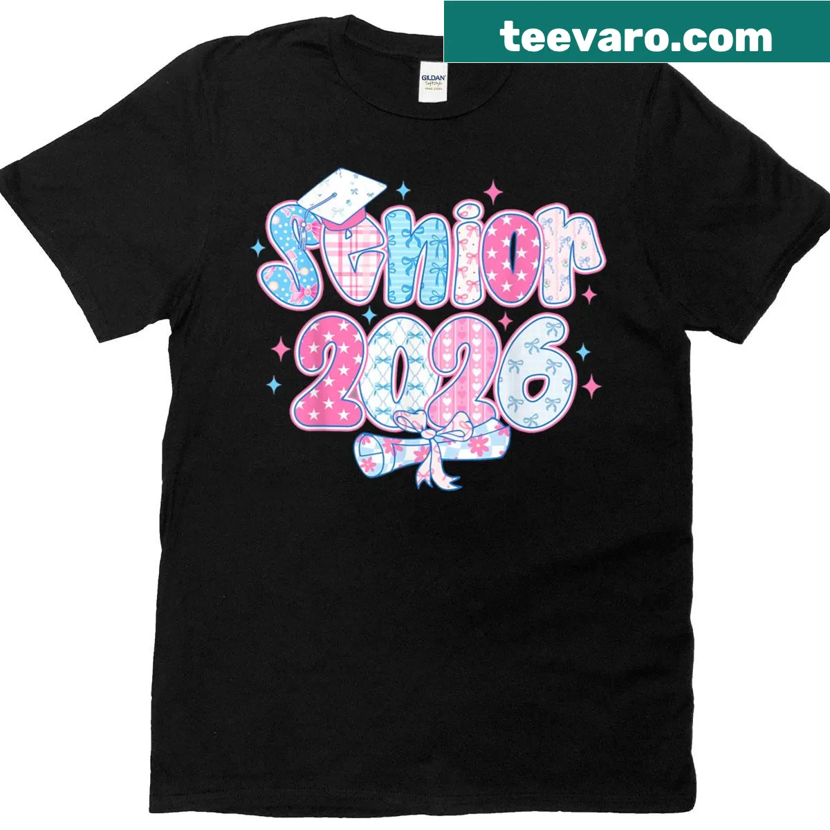 Cute graduation t-shirt with crown and bow designs — on a men's t-shirt