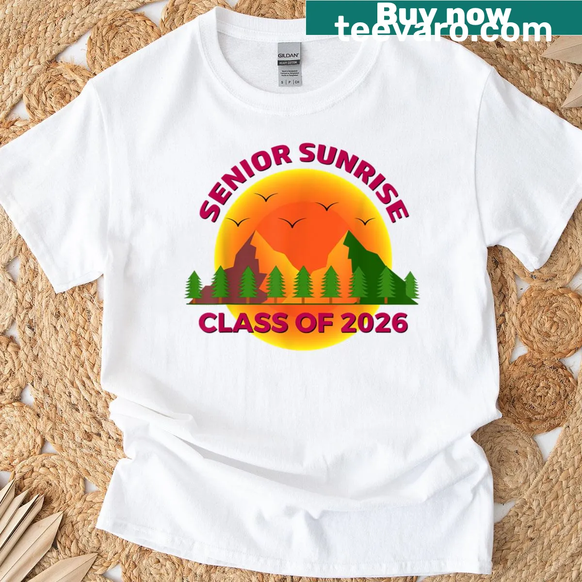 Graduation t-shirt for Class of 2026 featuring a cheerful sunrise graphic — on a men's t-shirt
