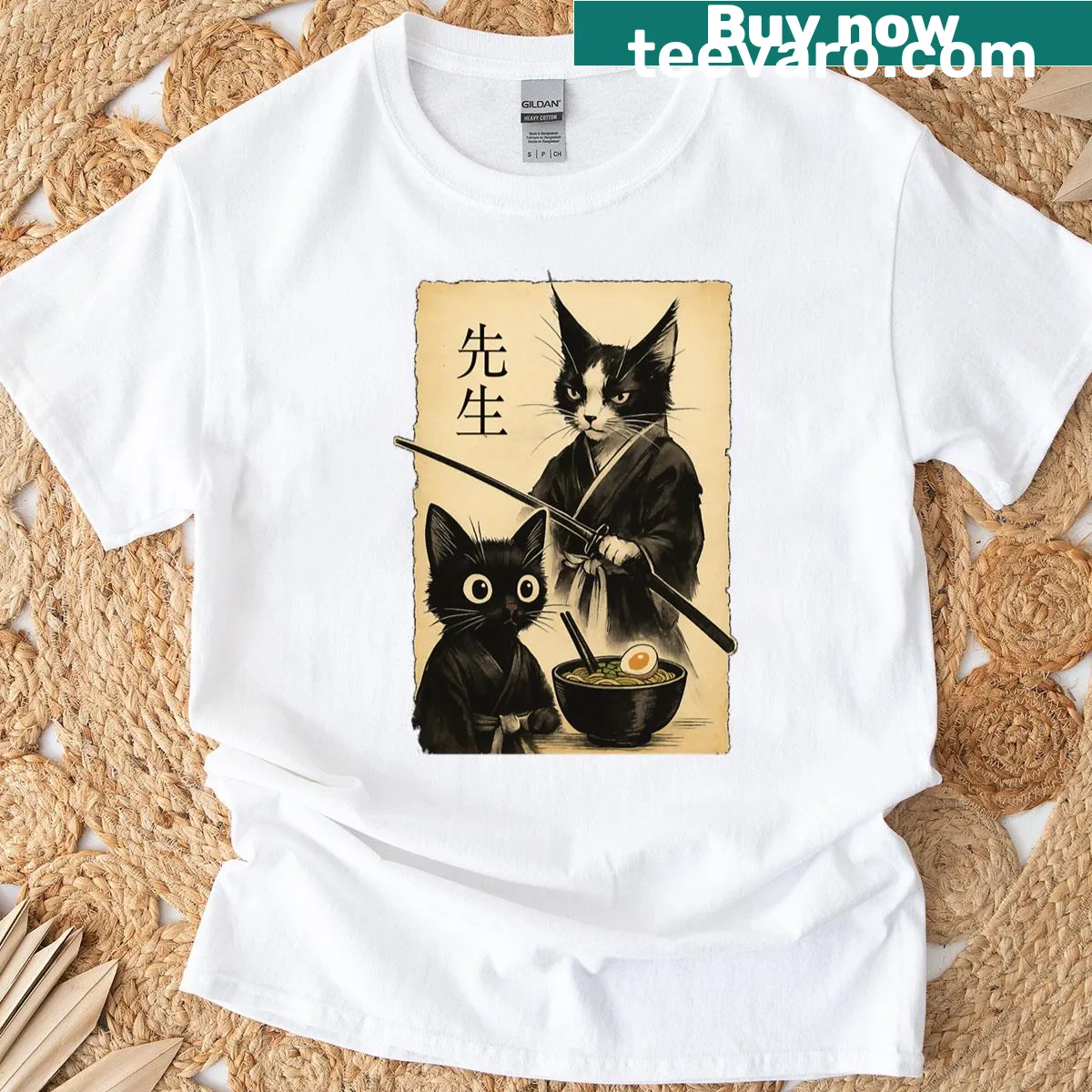 Cartoon sensei and cat student around ramen on a t-shirt — on a men's t-shirt