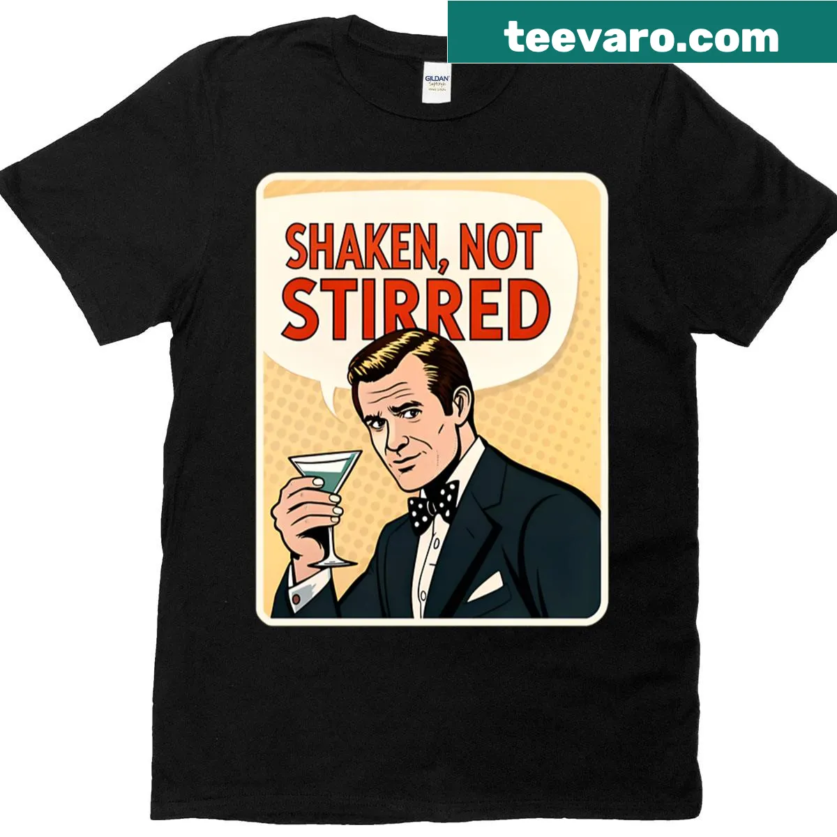 Retro 60s t-shirt featuring the phrase Shaken Not Stirred for men — on a men's t-shirt
