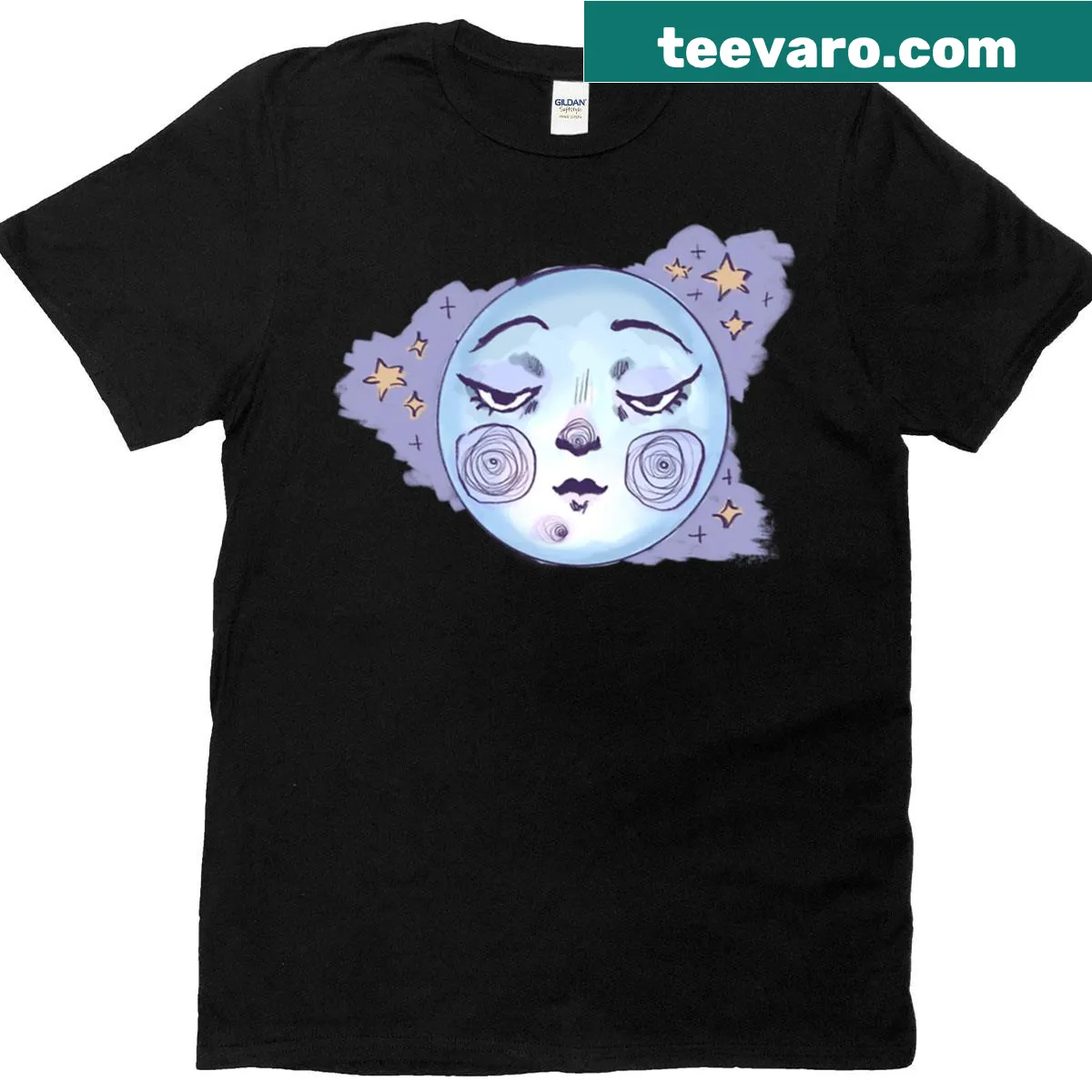 Celestial-themed T-shirt with 'She Moon' graphic — on a men's t-shirt