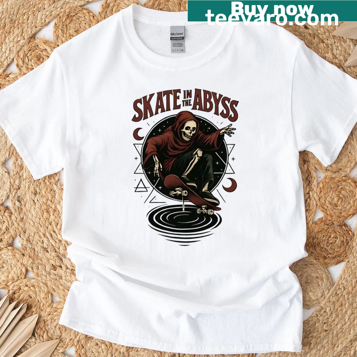 Skateboarding-themed t-shirt with an abyss-inspired graphic — on a men's t-shirt