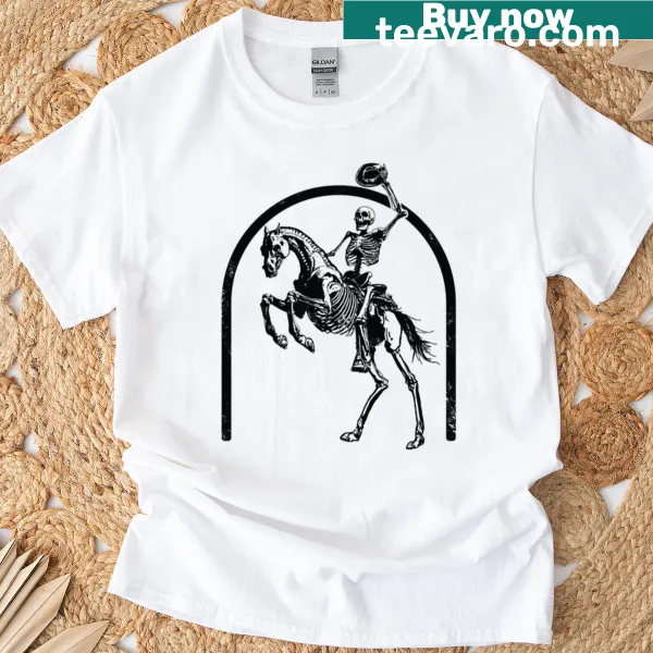 Halloween T-shirt with playful skeleton cowboy illustration