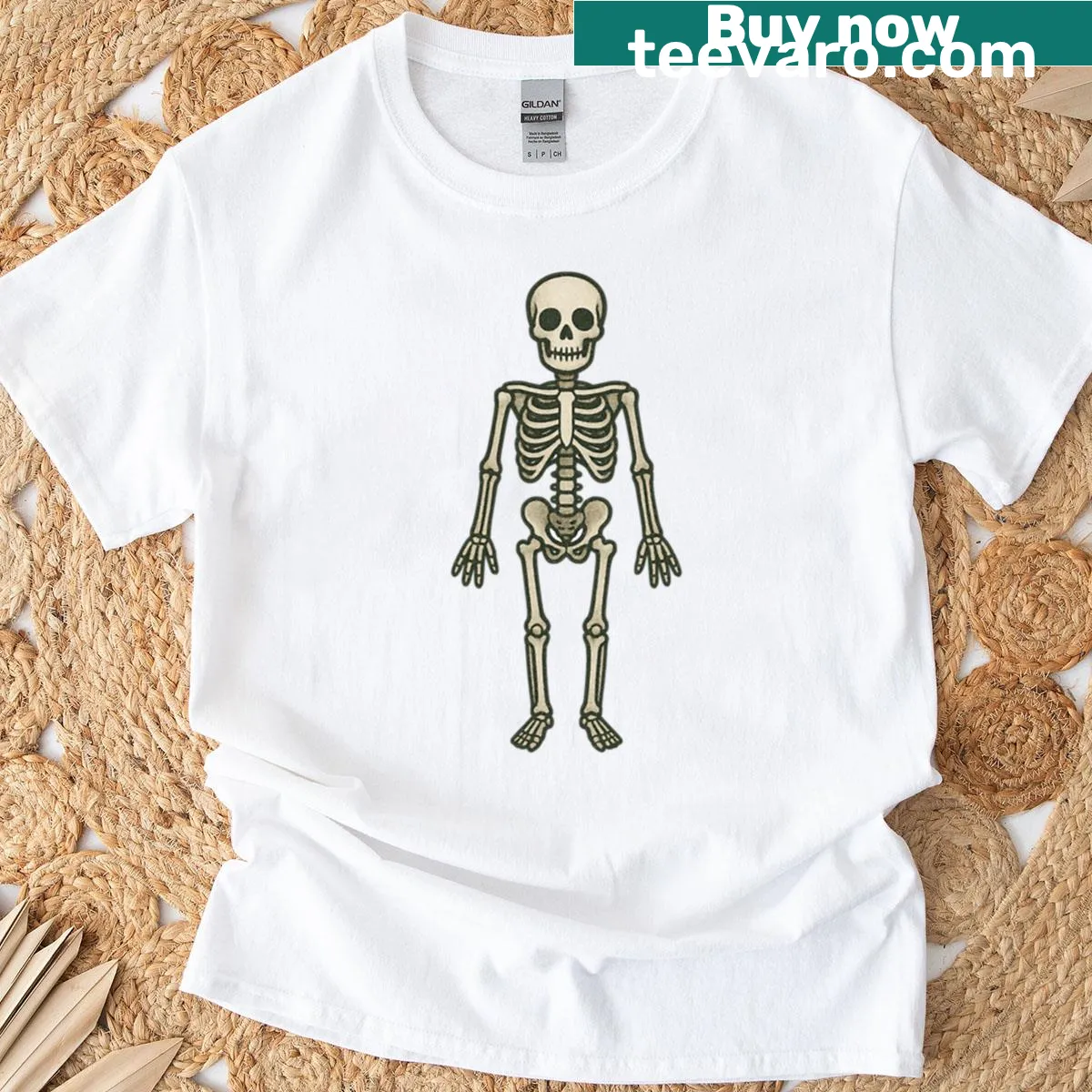 Vintage skeleton illustration for Halloween graphic t-shirt — on a men's t-shirt