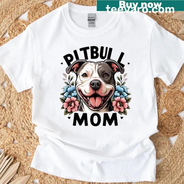 Vintage Pitbull Mom t-shirt with a smiling dog graphic and bold text