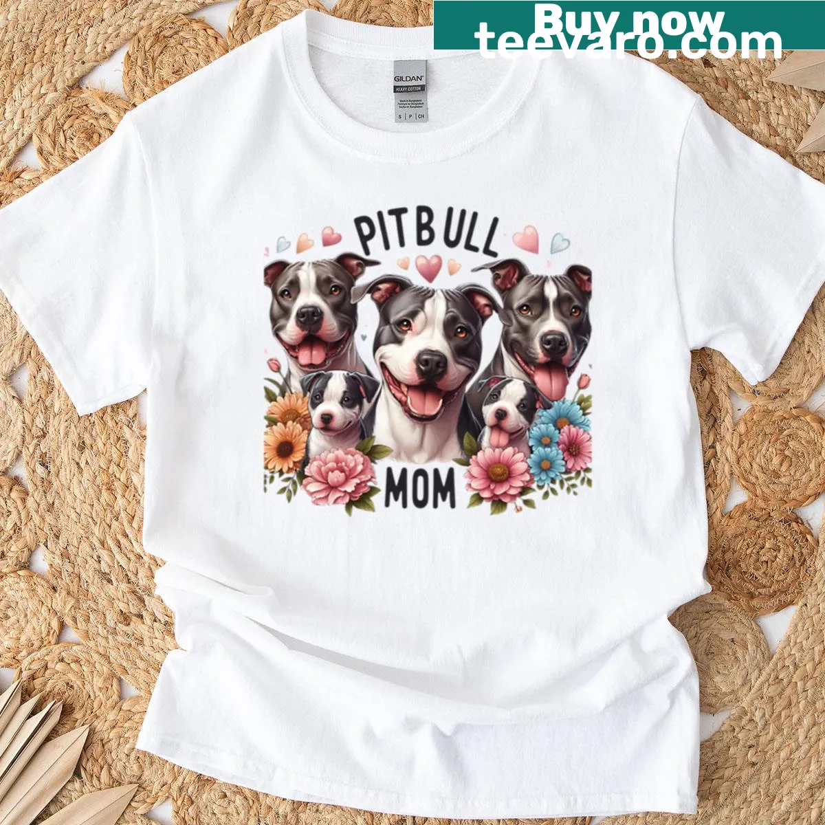 Pitbull mom t-shirt featuring a smiling pitbull and flowers — on a men's t-shirt