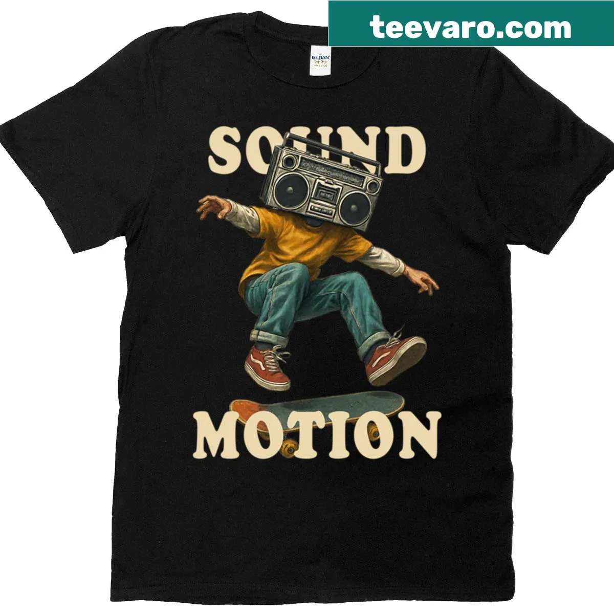 Retro boombox graphic on a skater-style oversized T-shirt — on a men's t-shirt