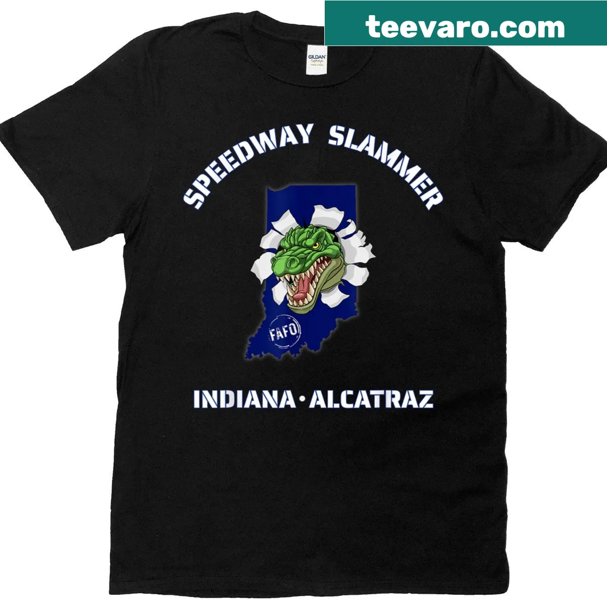 Graphic T-shirt featuring a speedway and Alcatraz elements — on a men's t-shirt