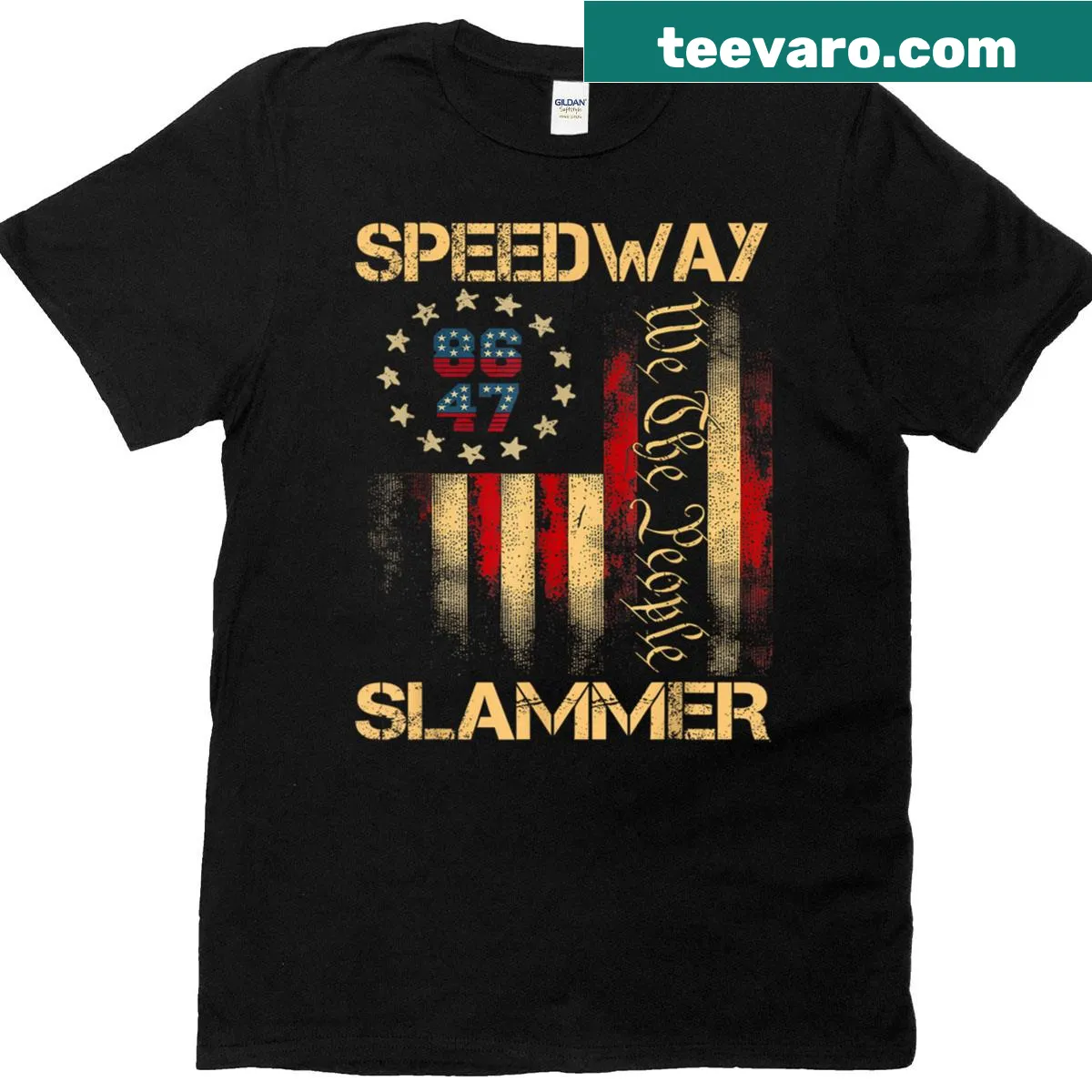 Distressed American flag graphic on Speedway Slammer T-shirt — on a men's t-shirt