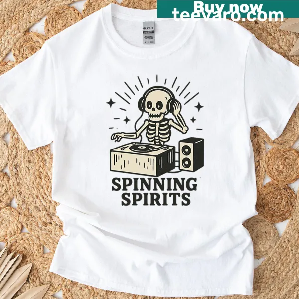 Halloween skeleton DJ graphic T-shirt for festive parties