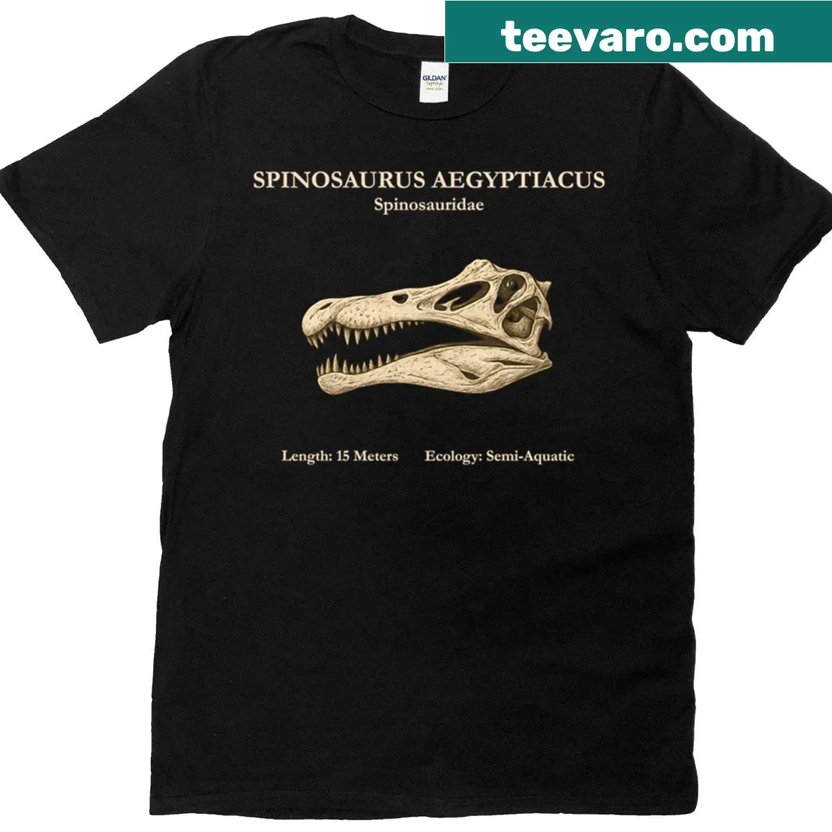 Vintage dinosaur skull illustration of Spinosaurus Aegyptiacus — on a men's t-shirt