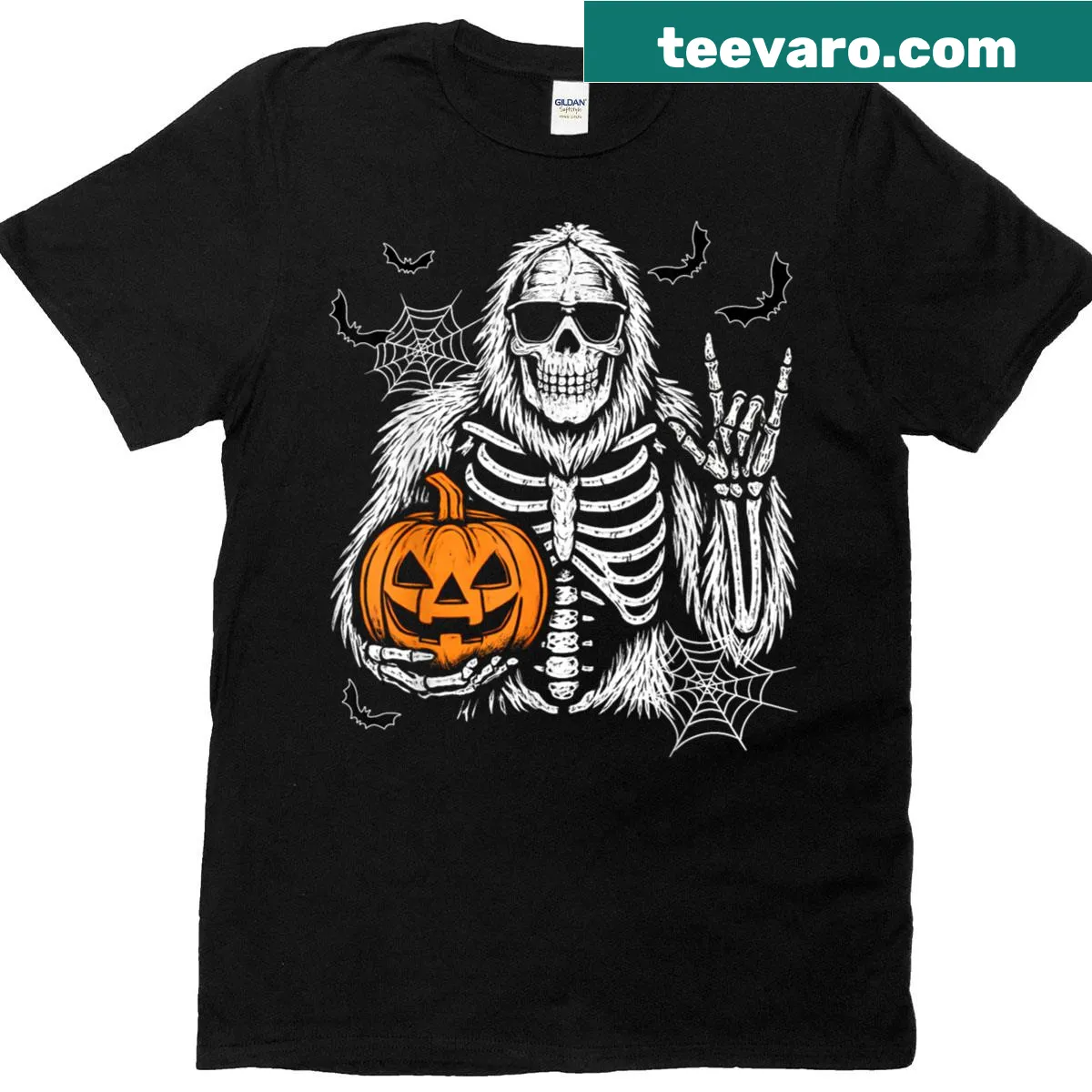 Cartoon Bigfoot and Jack-o'-lantern skeleton Halloween t-shirt — on a men's t-shirt