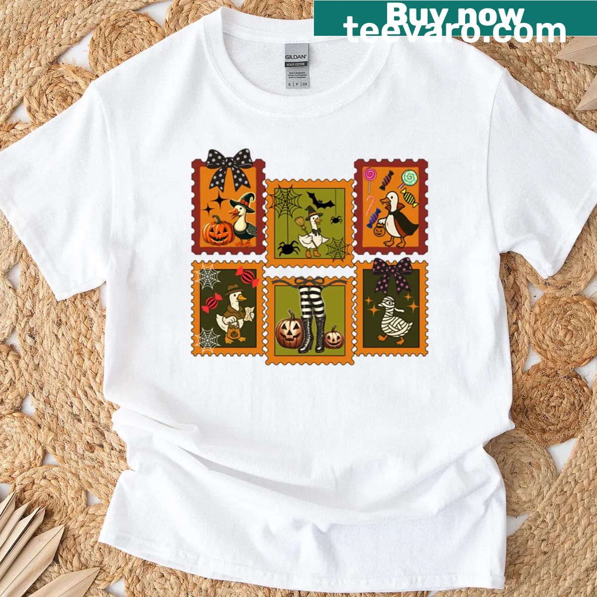 Vintage postage stamp style T-shirt featuring cute Halloween ducks — on a men's t-shirt