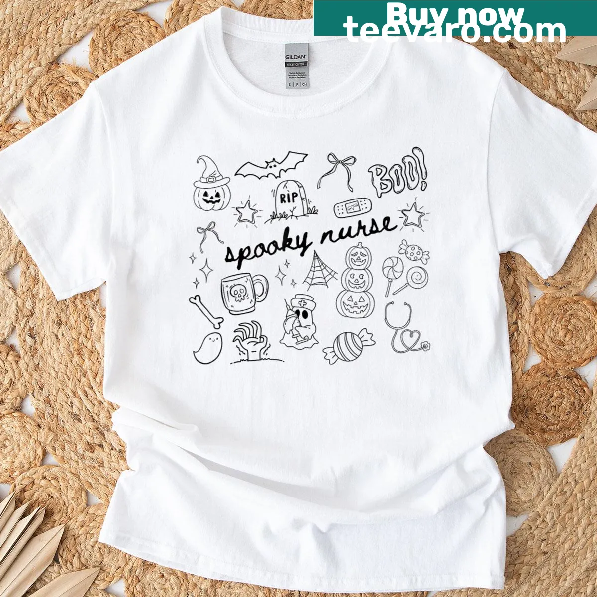 Cute Halloween-themed nurse graphic T-shirt with pumpkin — on a men's t-shirt