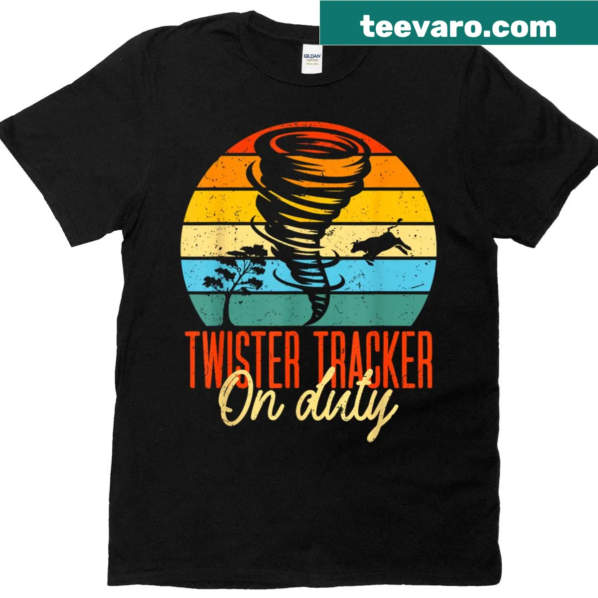 Storm Hunter meteorologist T-shirt with 'On Duty' graphic — on a men's t-shirt