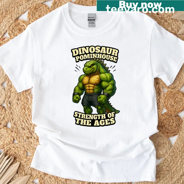 Oversized T-shirt with a green muscle dinosaur cartoon graphic