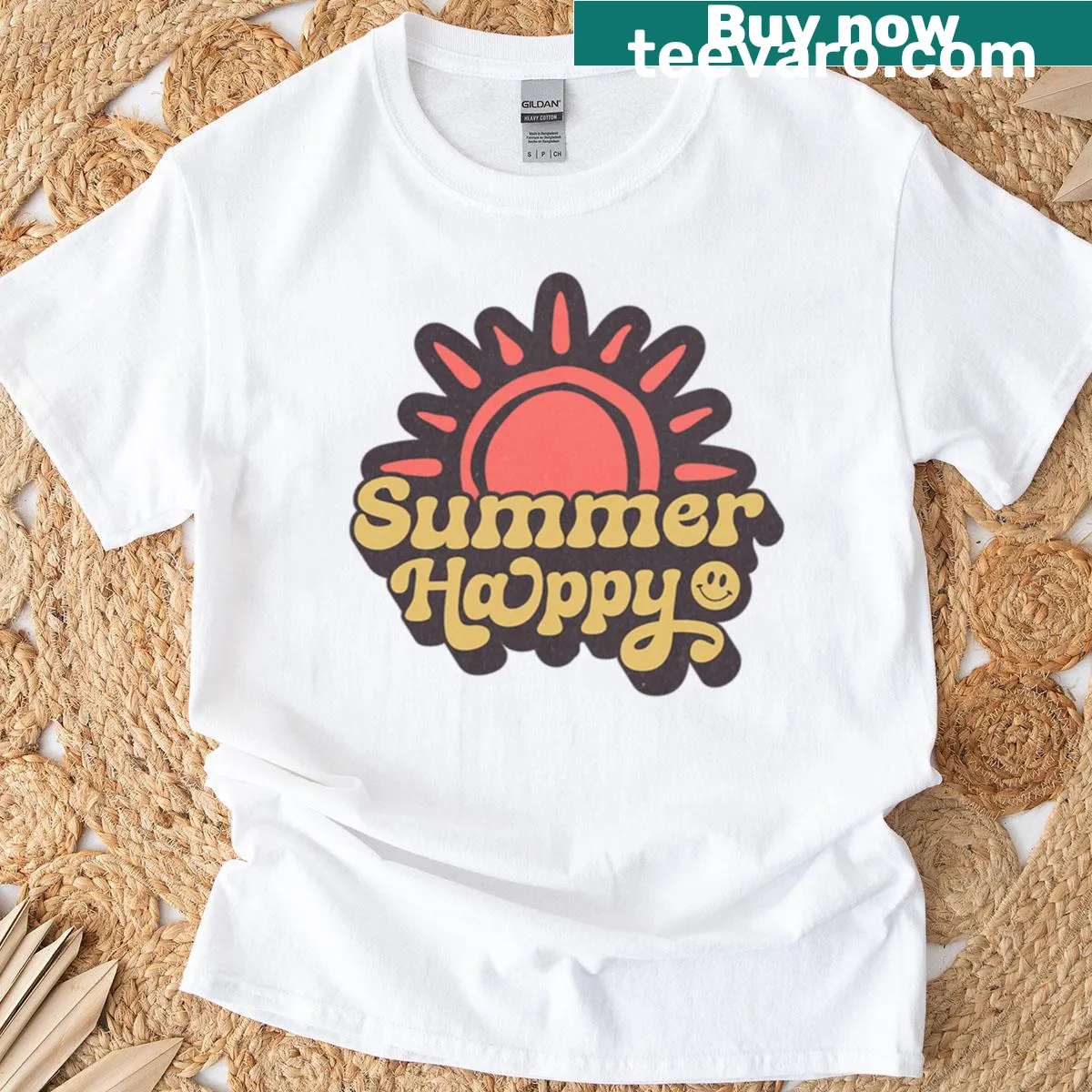 Retro smiley face sun graphic oversized T-shirt — on a men's t-shirt