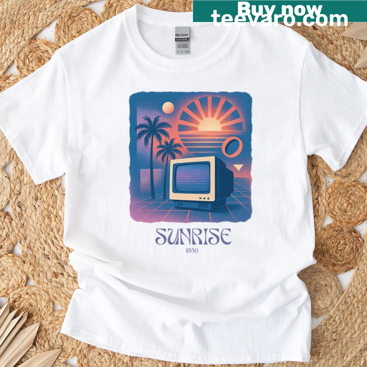 Oversized T-shirt with a retro tube TV design and sunrise motif — on a men's t-shirt