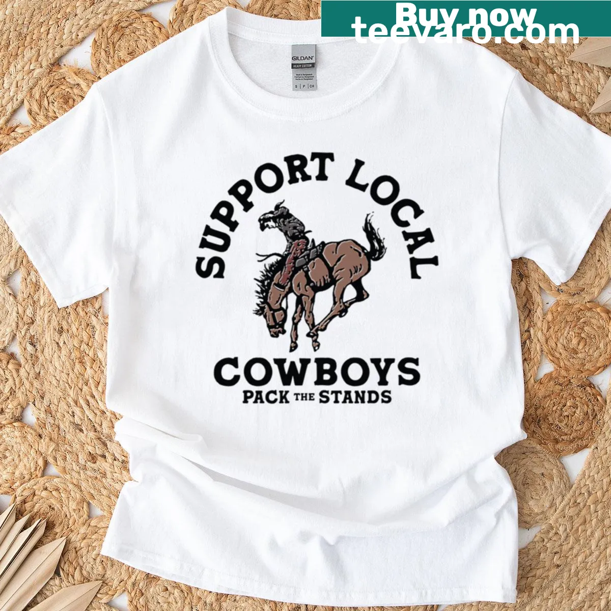 Fitted scoop T-shirt supporting local cowboys with bold typography — on a men's t-shirt