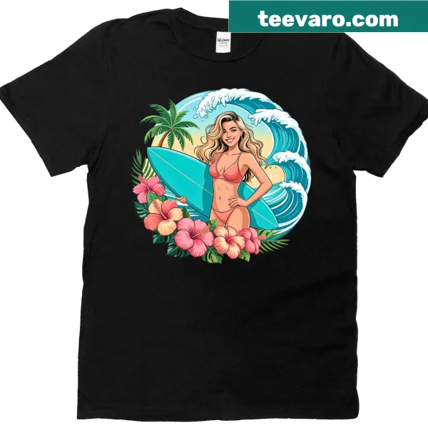 Cartoon design of a blonde beach babe surfer