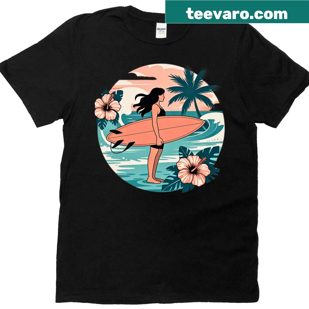 Retro beach illustration t-shirt featuring a surfer girl — on a men's t-shirt