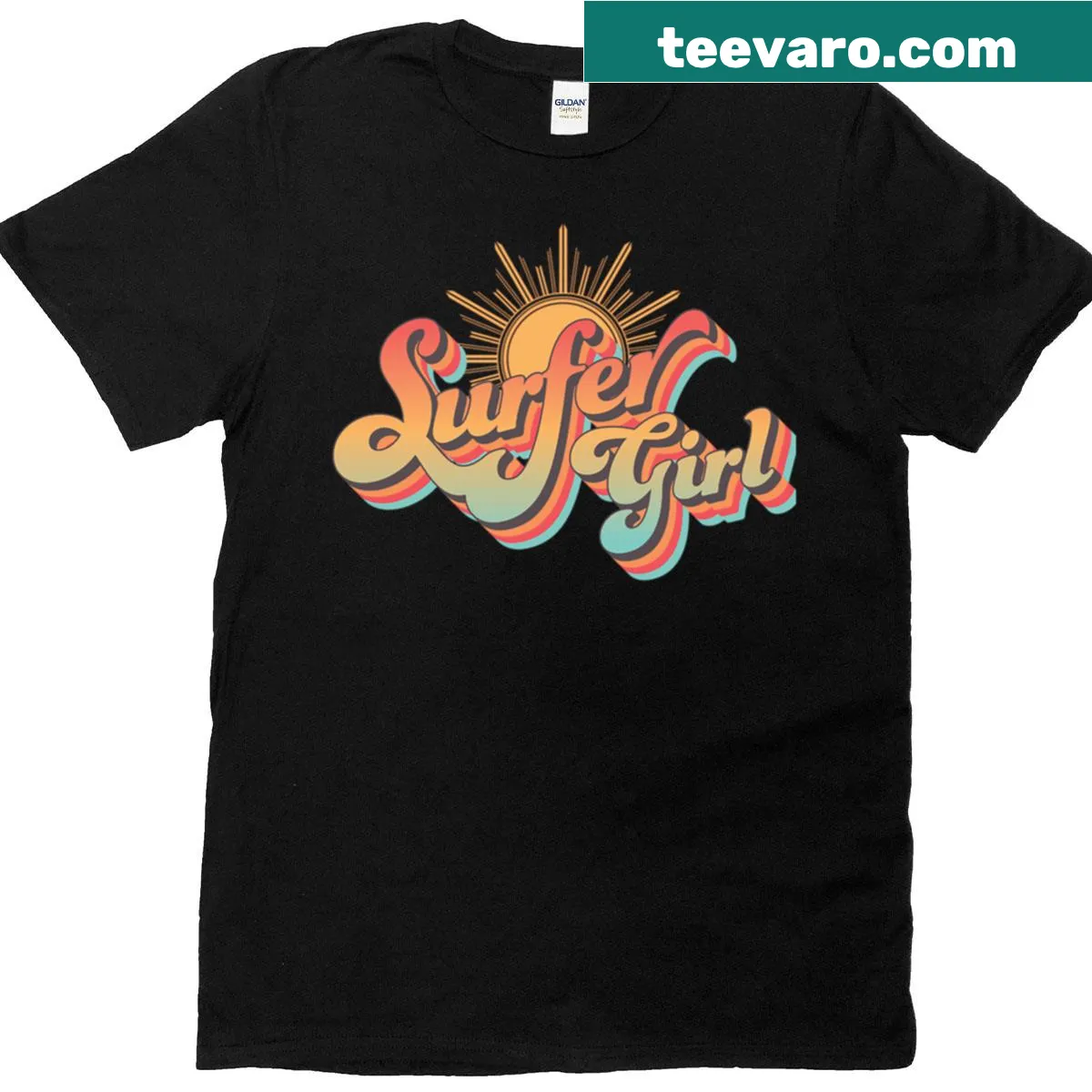 Retro surf vibes t-shirt featuring a surfer girl — on a men's t-shirt