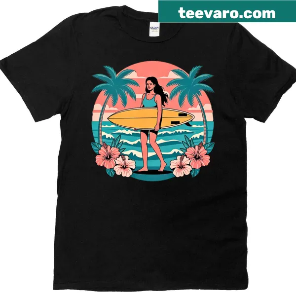 Illustrated t-shirt with a surfer girl and sunset design