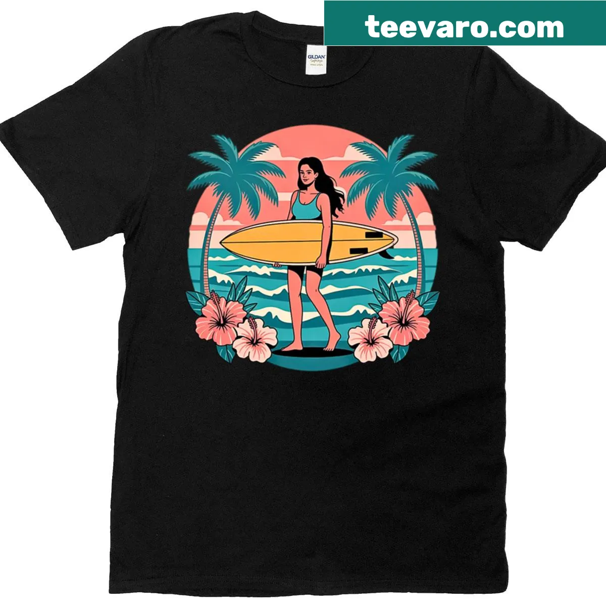 Illustrated t-shirt with a surfer girl and sunset design — on a men's t-shirt