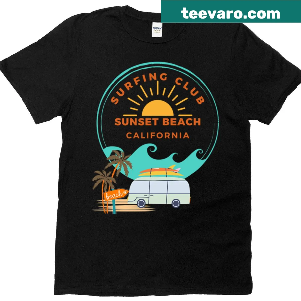 Vintage surfing club t-shirt with a classic California beach design — on a men's t-shirt