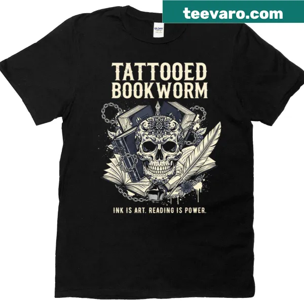 Illustration of a tattooed bookworm with skulls and ink