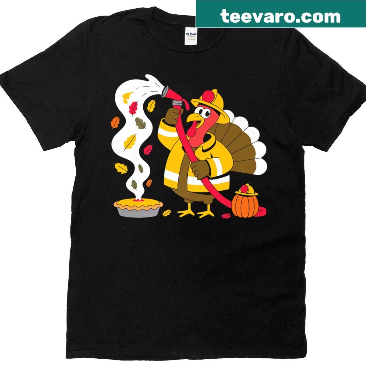 Illustration of a firefighter turkey spraying pie with fall leaves — on a men's t-shirt