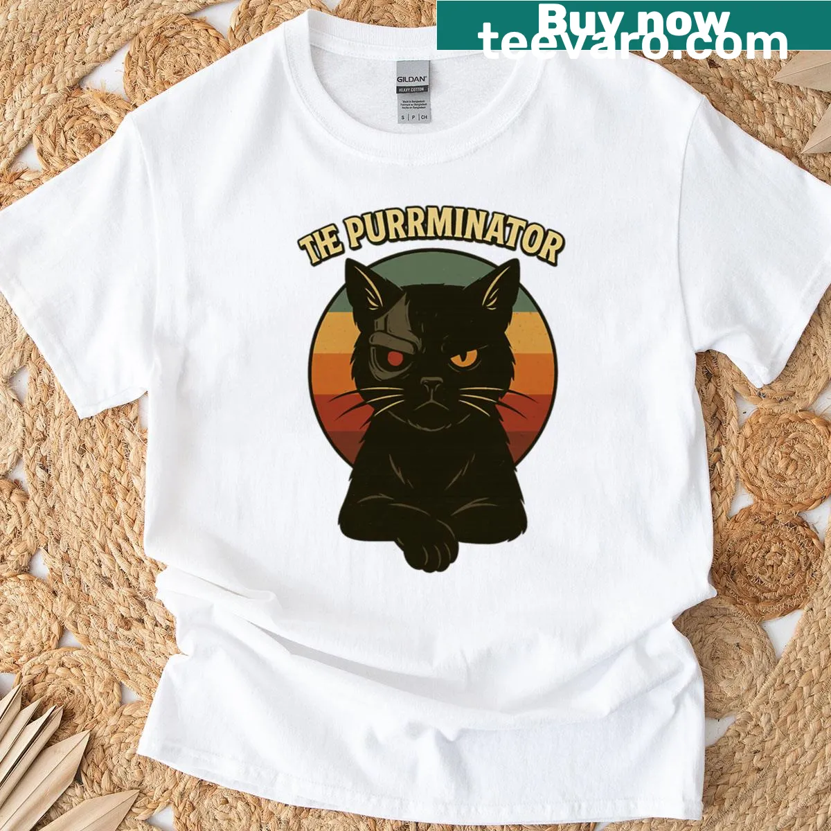 Cartoon cat on a cosmic mission graphic T-shirt — on a men's t-shirt