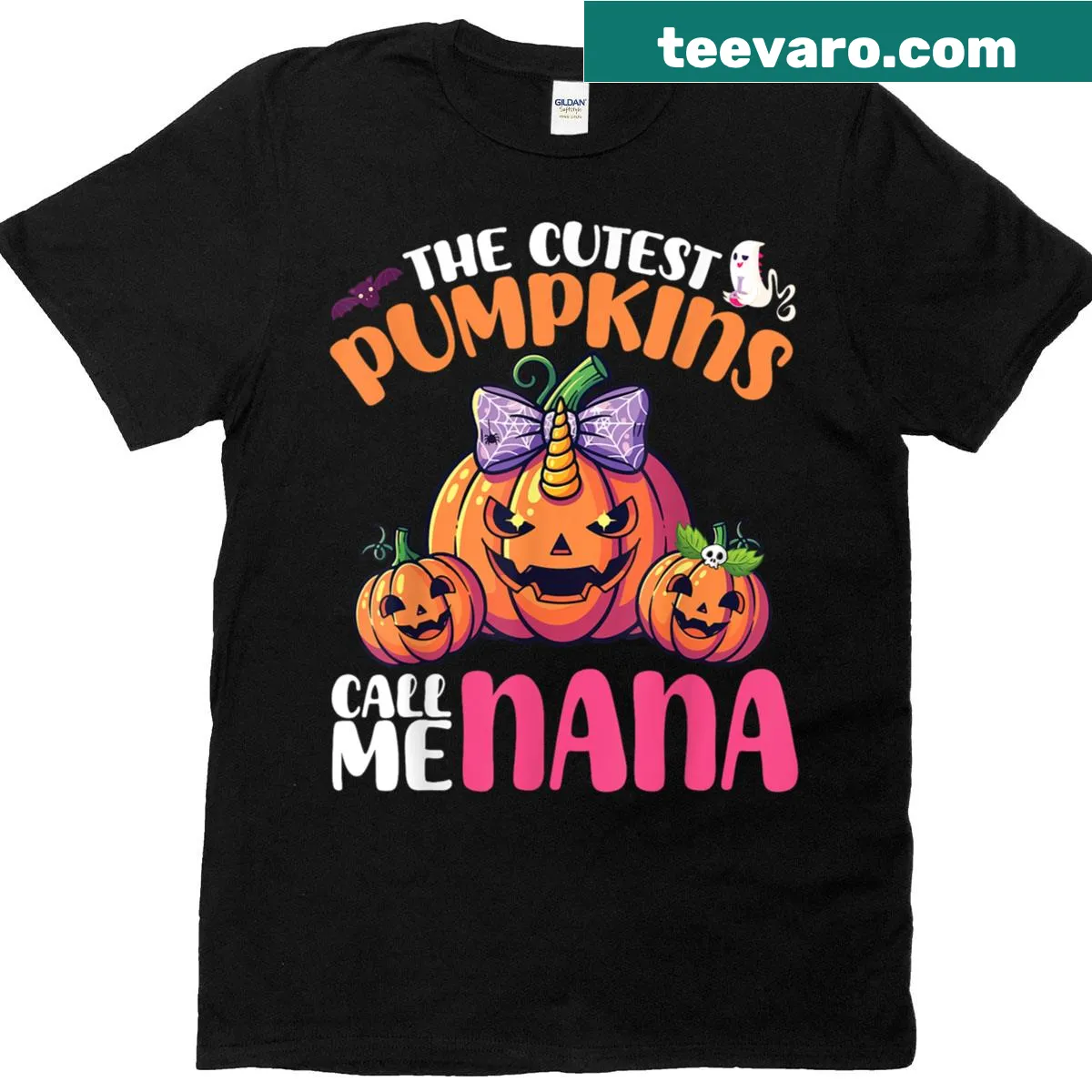 Adorable Halloween T-shirt with pumpkins and unicorn bow saying 'Call Me Nana' — on a men's t-shirt