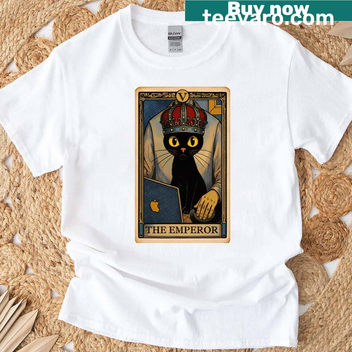 Tarot card design featuring a regal cat on an oversized t-shirt — on a men's t-shirt