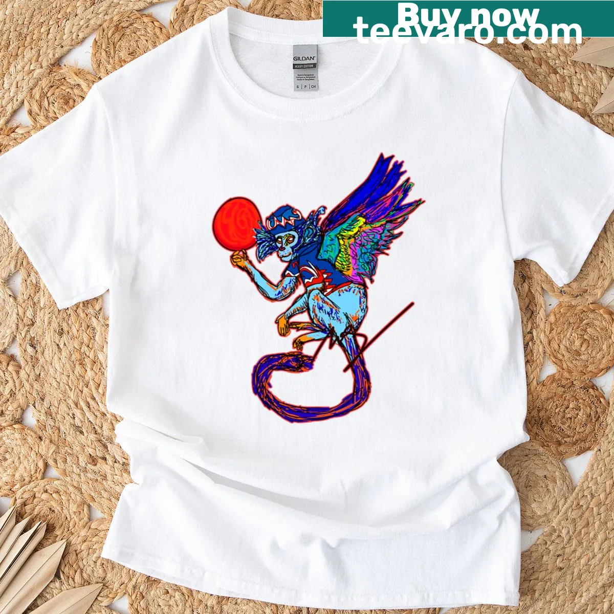 Whimsical illustration of a flying monkey on a T-shirt — on a men's t-shirt