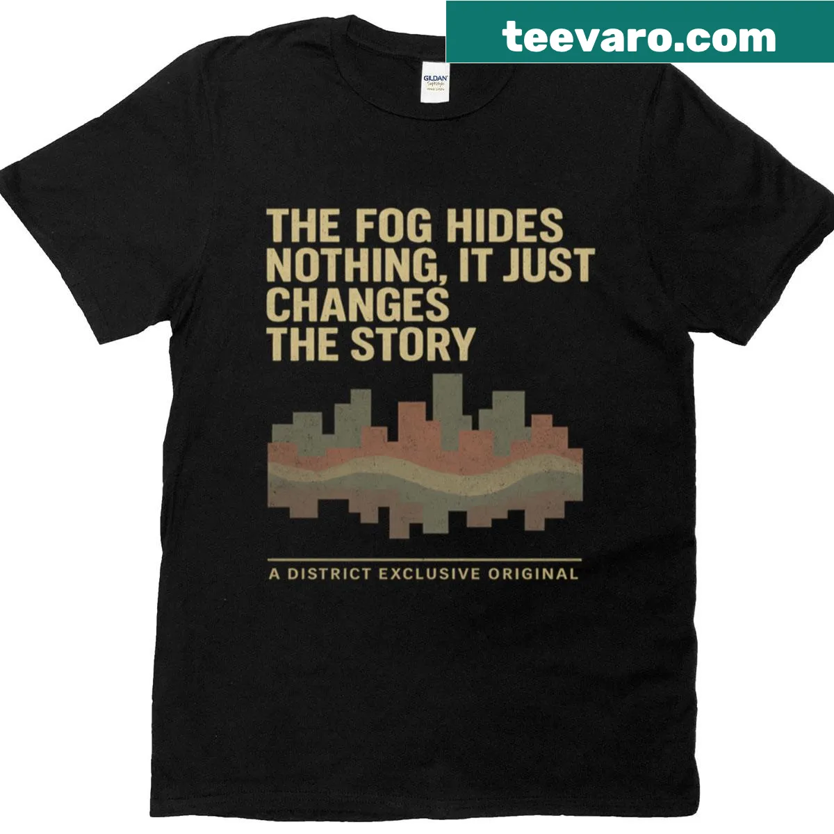 Illustrative streetwear tee about London's fog and stories — on a men's t-shirt