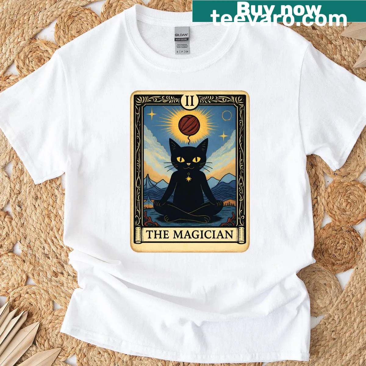 T-shirt featuring a magician cat illustration inspired by tarot cards — on a men's t-shirt