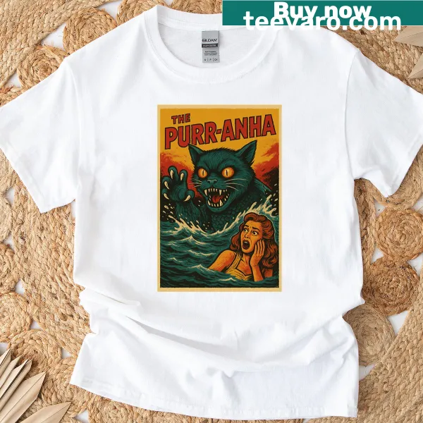 Vintage horror cat graphic t-shirt with humorous design